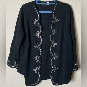Bob Mackie black Cardigan Sweater with attached shell and rhinestone trim 1X